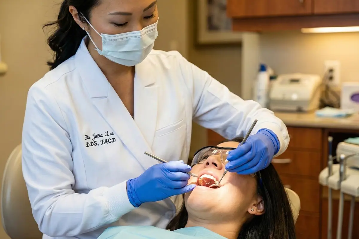Dentist performing a routine dental exam