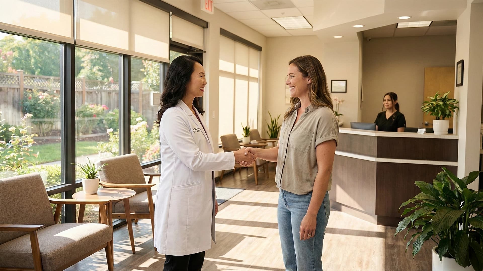 Dr. Julia Lee, DDS, welcoming a patient at Revive Dental Studio